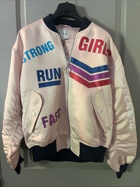 Mira Mikati Pink Bomber Jacket with Blue, Red and Purple Graphics
